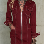 Western Contrast Stitch Zip-Front Denim Mini Shirt Dress