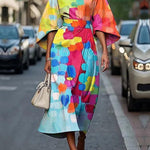Loose Asymmetric Split-Joint Tied Waist Round-Neck Midi Dresses