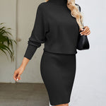 Turtleneck Knit Dress Long Sleeve Elegant Ribbed Jumper Bodycon Dress