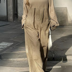 Long Sleeves Loose Pleated Pockets Split-Joint Round-Neck Jumpsuits