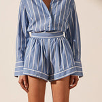 Margovil Striped Long Sleeves Curve Hem Shirt and High Rise Shorts Set