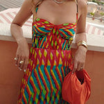 Spaghetti Strap Contrast Print Swing Maxi Vacation Dress