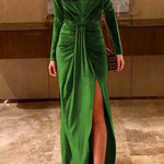 Margovil Deep V Neck Ruched Split Velvet Maxi Dress(5 Colors Available)