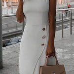Margovil Sleeveless Buttons Work Office Dress
