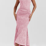 Margovil Sleeveless Ruched Waist Ruffle Hem Jacquard Maxi Dress