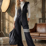 Sporty Retro Lace Striped Black Sleeveless Hooded Jumpsuit