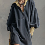 Casual Sporty Plaid Trim Gray Washed Cotton Sweatshirt Mini Dress