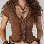 Boho Vintage Brown Ribbed Ruffle Zip-Front Top