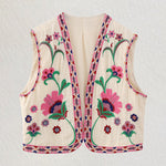 Retro Floral Embroidered Gillet Ethnic Weatern Vest Jacket Sleeveless Cardigan Crop Top