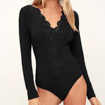 V-neck Lace Trim Long-sleeved Bodysuits