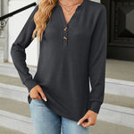Solid Color V-Neck Button Loose Long Sleeve T-Shirt Top