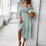 Short Sleeve Off Shoulder Floral Dress Slim Fit Casual Ruched Dresses