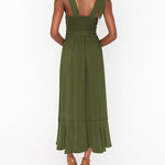 Tie-straps Ruffled Square Collar Sleeveless Slit Mid-length Dress