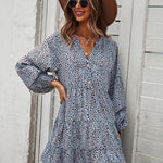 Loose V-neck Bubble Sleeve Leopard Print Dress