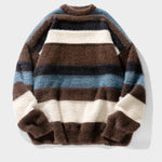 Vintage Contrast Striped Round Neck Unisex Knit Sweater
