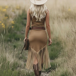 Retro Western-style Light Brown Sleeveless Tassel Midi Dress