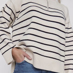 Mock Neck Zip-Up Striped Pullover Loose Sweater