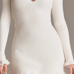 Ribbed Knit Polo Collar Ruffle Hem Mini Dress
