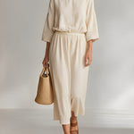 Women's Ivory Cotton Set With Boat Neck & Elastic Waist, Timeless Minimalist-Casual Style Set