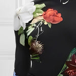 Long Sleeves Skinny Floral Printed Split-Joint High Neck T-shirts