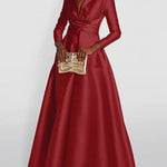 A-Line High Waisted Pleated Solid Color V-Neck Maxi Dresses