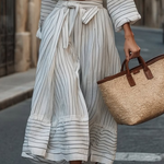 Long Sleeves Loose Belted Buttoned Striped Notched Collar Midi Dresses Shirt Dress