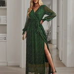 V-neck High Split Long Evening Dress with Belt