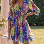 Floral Print Overlap V Neck Long Sleeve Shirred Waist Ruffle Hem Dress Casual Cinched Waist Flared Cuffs Chiffon Vacation Dress with Lining