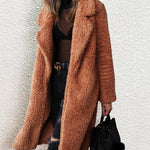Fuzzy Fleece Lapel Open Front Long Cardigan Coat