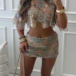 Fashionable Embroidered Flower Sequined Crop Top and Hip-hugging Mini Skirt Set