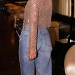 Champagne Kiss Sparkling Pearls Long Sleeve Loose Sheer Top