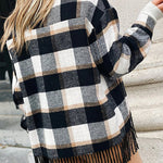 Plaid Snap Button Pocket Fringed Hem Shacket