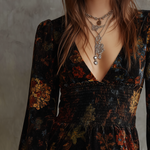 Retro Floral Print Pleated Waist Velvet Mini Dress