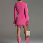 Western-style Retro Embroidered Tassel Pink Faux Suede Mini Dress