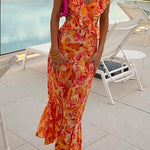 Margovil V Neck Cut Out Tie Back Printed Ruffle Maxi Dress