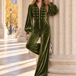Retro Elegant Olive Green Velvet Military Gold-Button Stand-Collar Zip-Up Wide-Leg Jumpsuit