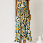 V Neck Tie Waist Abstract Print Midi Cami Dress