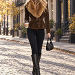 Retro-chic Faux Fur Collar Brown Faux Suede Single-breasted Belted Coat