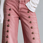 Vintage Button-down Washed Pink Flared Frayed Jeans