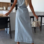 Margovil Sleeveless Button Down Tie Waist Pocketed Denim Midi Dress