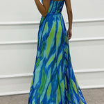 Margovil Strapless Rose Detail High Slit Printed Chiffon Maxi Dress