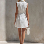 Casual Retro White Sleeveless Collared Button-down Pleated Cotton Linen Mini Dress