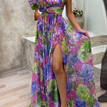 Margovil One Shoulder High Slit Waisted Floral Maxi Party Dress