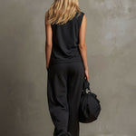 Black Collared Button-down Sleeveless Top And Trousers Set
