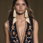 Western Retro Faux Suede Bohemian Style Embroidered Tassel Sleeveless Mini Dress