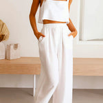Margovil Square Collar Cami Crop Top Wide Leg Pants Cotton Linen Set