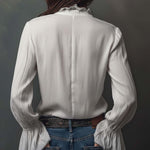 White Zip-Front Blouse With Flounce Cuffs