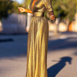 High Waisted Three-Quarter Sleeves Shiny Solid Color Deep V-Neck Jumpsuits Bottoms