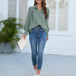 Nadorine V Neck Button Down Shirts Long Sleeve Collared Blouses Tops