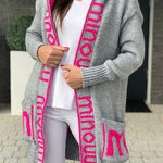 Long Elegant Stripe Cardigan Wool Long Sleeve Hooded Letter Knitted Coat